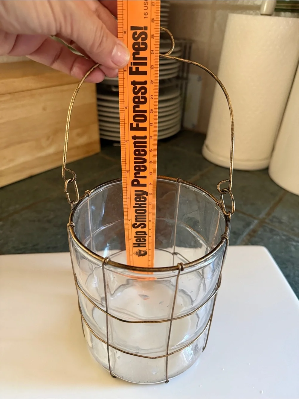 Clear Glass Lantern with Coppery Wire Cage with Handle
